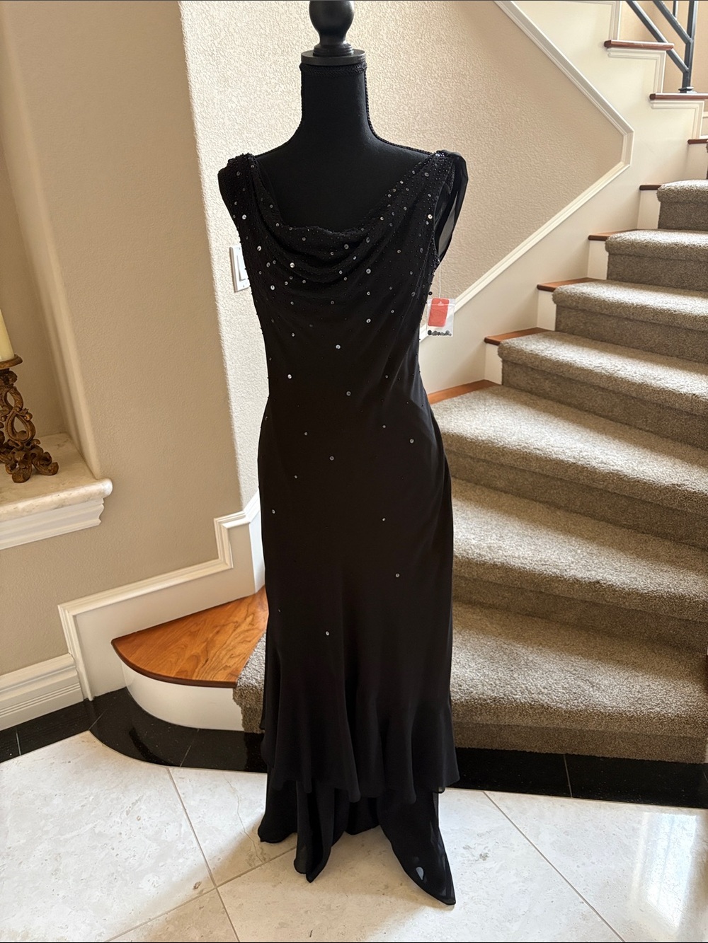Alex Evenings Black Cowl Neck Maxi Dress with Scattered Beading
